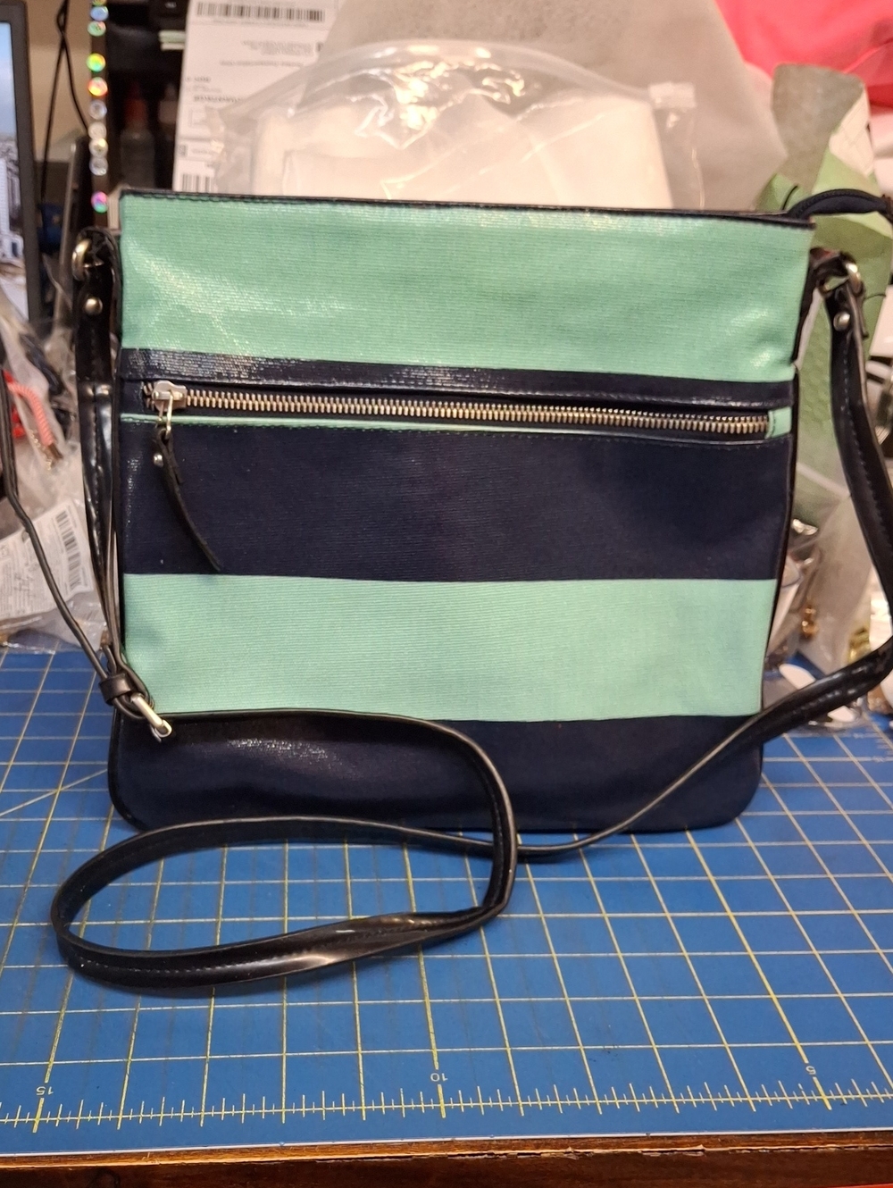 Merona Striped Crossbody Bag Mint Navy Shoulder Bag 11x10x0.5 Preloved